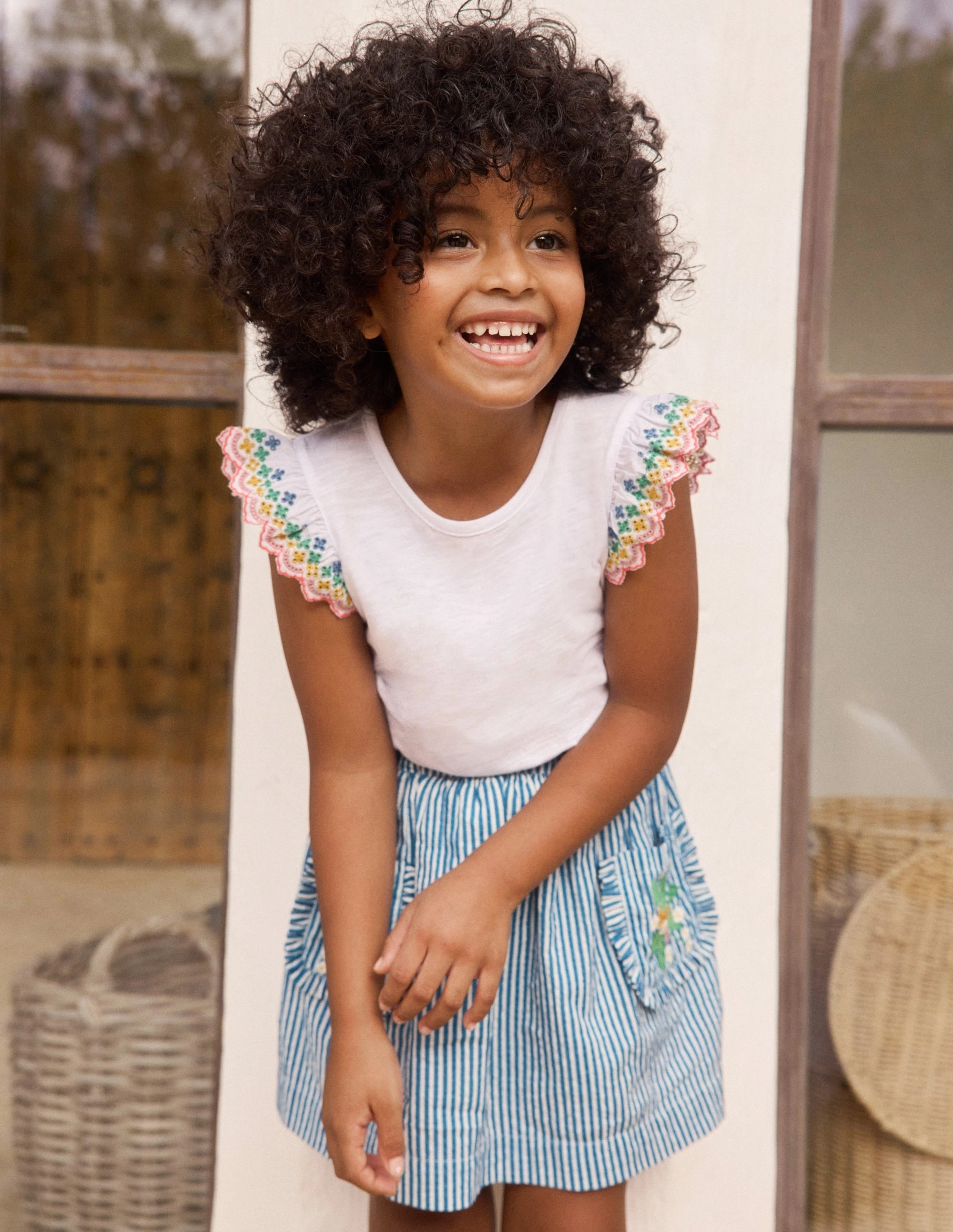 Bold Look Bold Mood Applique Pocket Skirt-Blue Ticking Floral Stripe