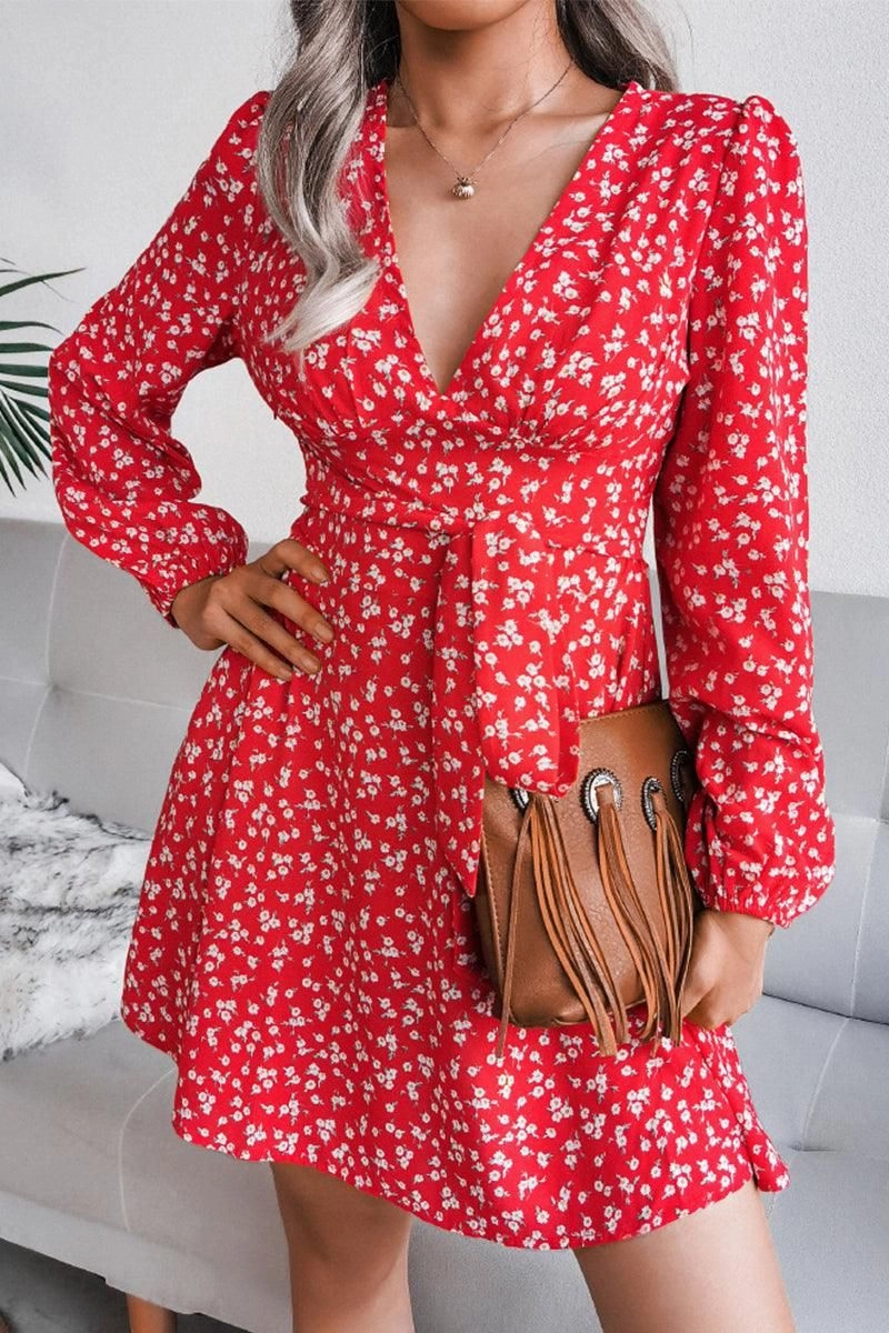 Sunset Glow V NECK LONG SLEEVE FLORAL CHIFFON DRESS