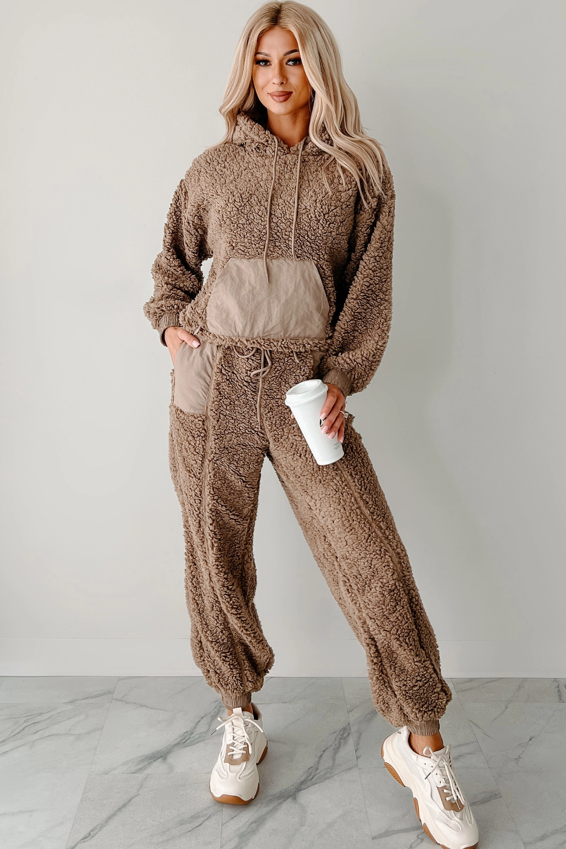 Cuddling Up Two Piece Fleece Lounge Set (Mocha) Minimalist Collar Sweat Absorbing Lining