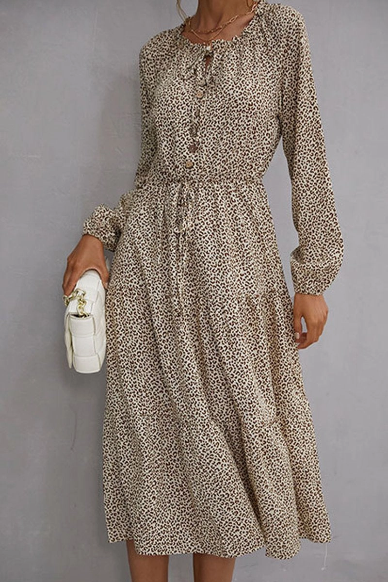 Lightweight Piece WOMEN BUTTON LACED NECK LEOPARD DRESS