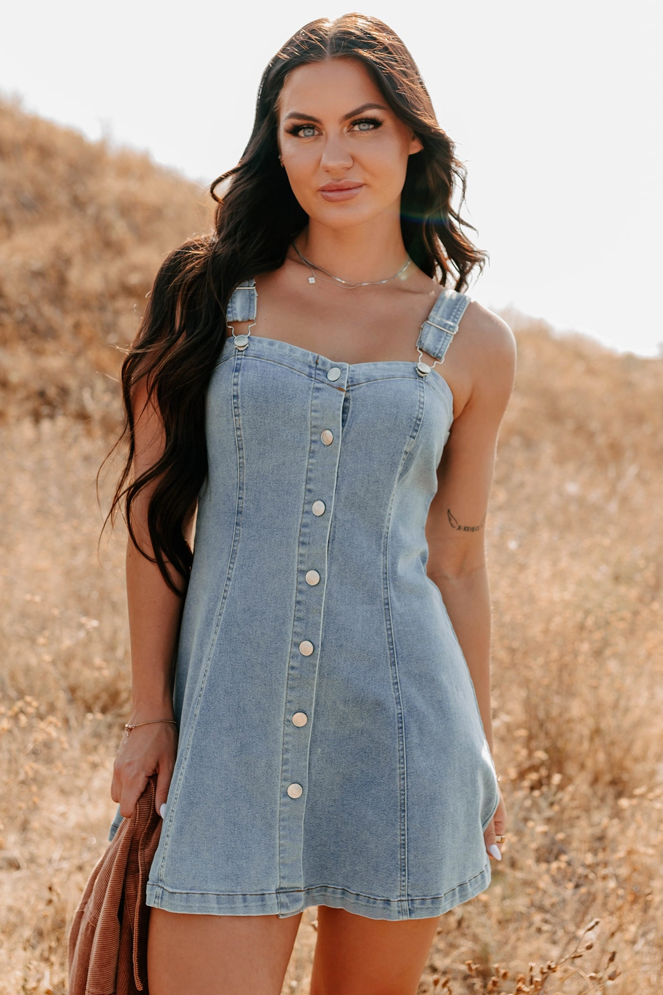 No Turning Back Denim Overalls Strap Mini Dress (Light Denim) Bright-Hue