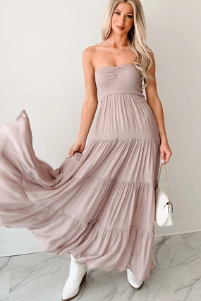 Travel Fit Vibrant Style Trading Smiles Strapless Tiered Maxi Dress (Dark Mauve)