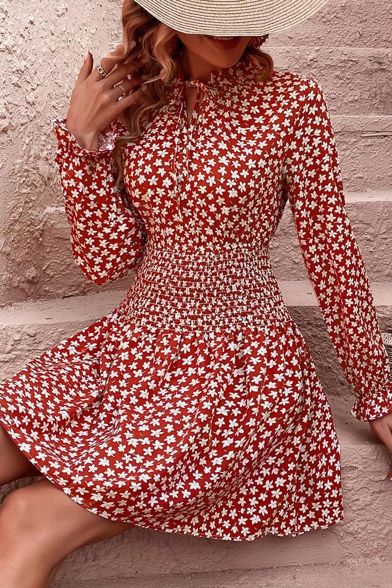 luxe feel FLORAL SLEEVE SLIM WAIST DRESS