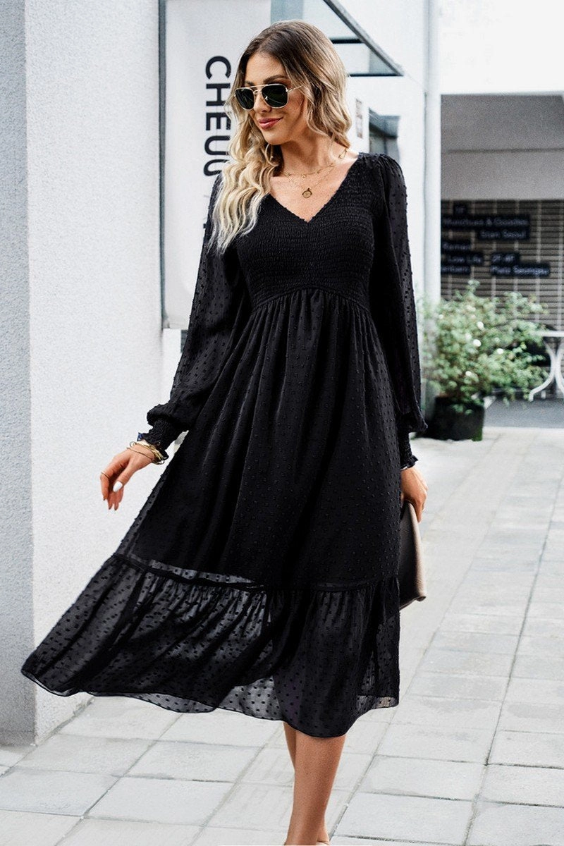 WOMEN LACE HEM V NECK HIGH WAIST SWING DRESS Office Wear