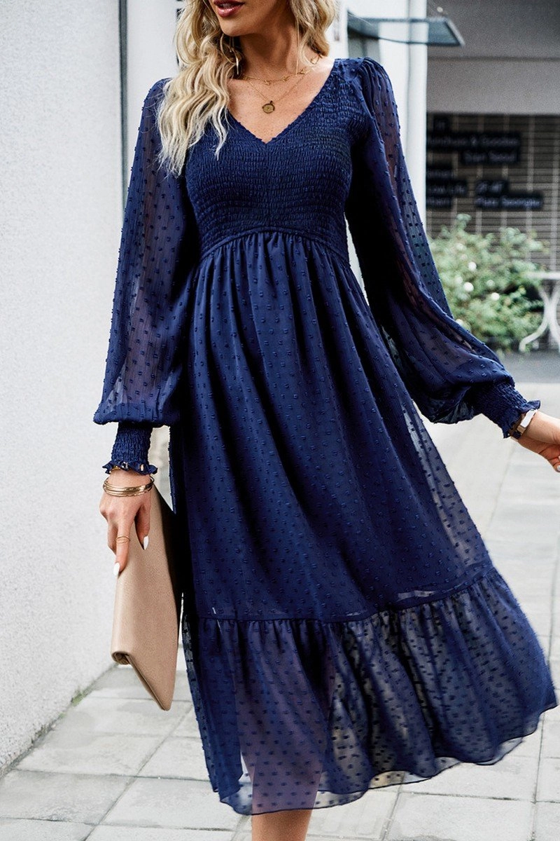 WOMEN LACE HEM V NECK HIGH WAIST SWING DRESS Art Inspired