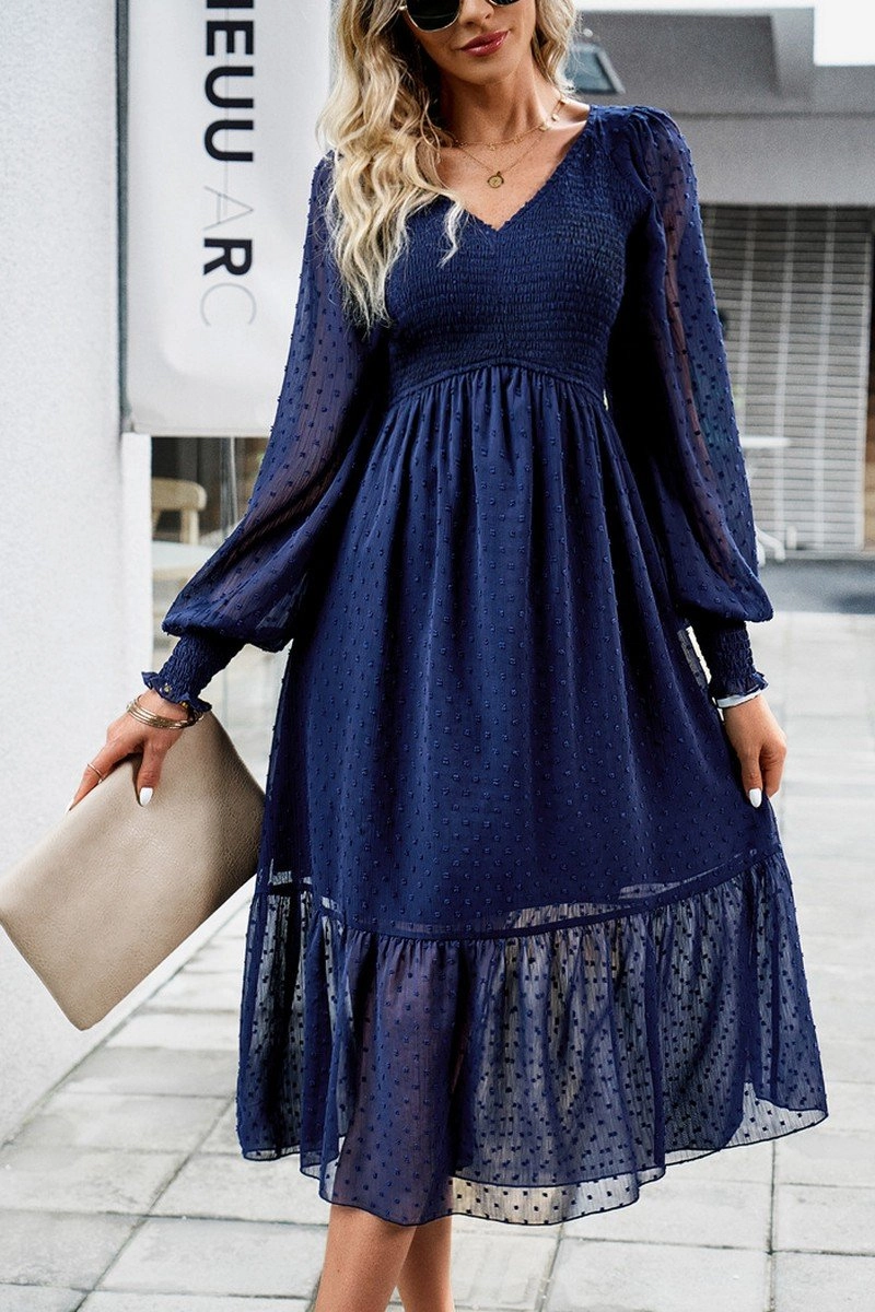 WOMEN LACE HEM V NECK HIGH WAIST SWING DRESS Fashion Daily