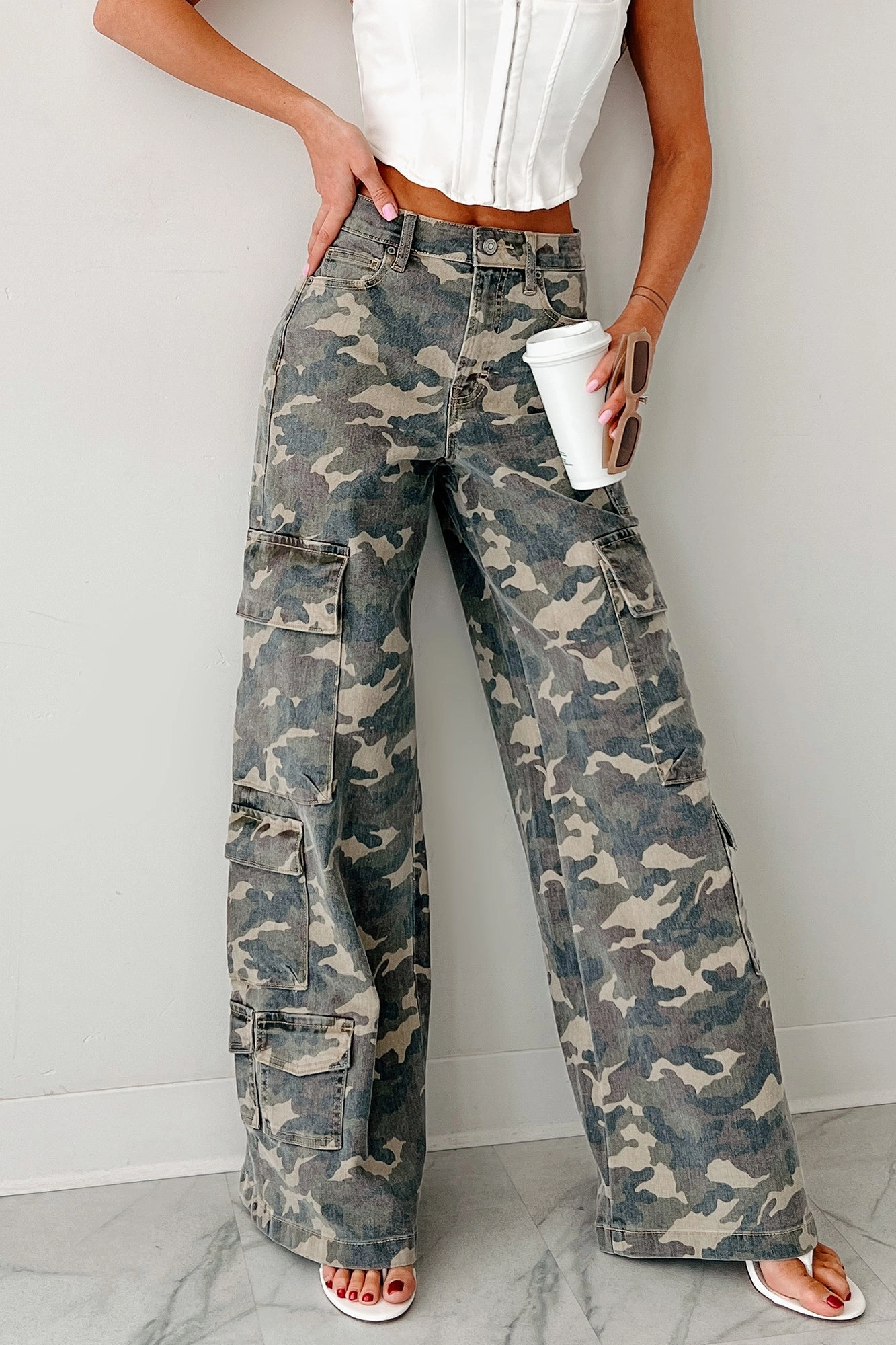 Kayla High Rise Cargo Hidden Jeans (Camouflage) Smooth Finish Contrast Trim