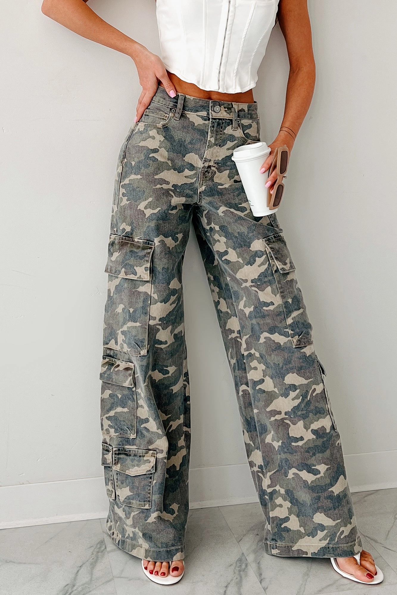 Non Slip Waist Grip Kayla High Rise Cargo Hidden Jeans (Camouflage)