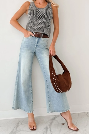 Oscar High Rise Wide Leg Mica Jeans (Light Aqua) Lightweight Construction Casual Comfort
