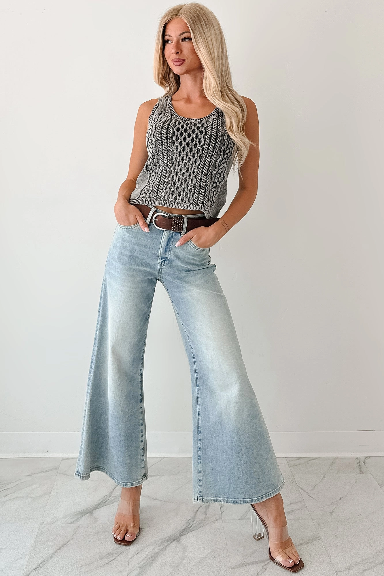Stain Repellent Coating Slim Comfort Oscar High Rise Wide Leg Mica Jeans (Light Aqua)