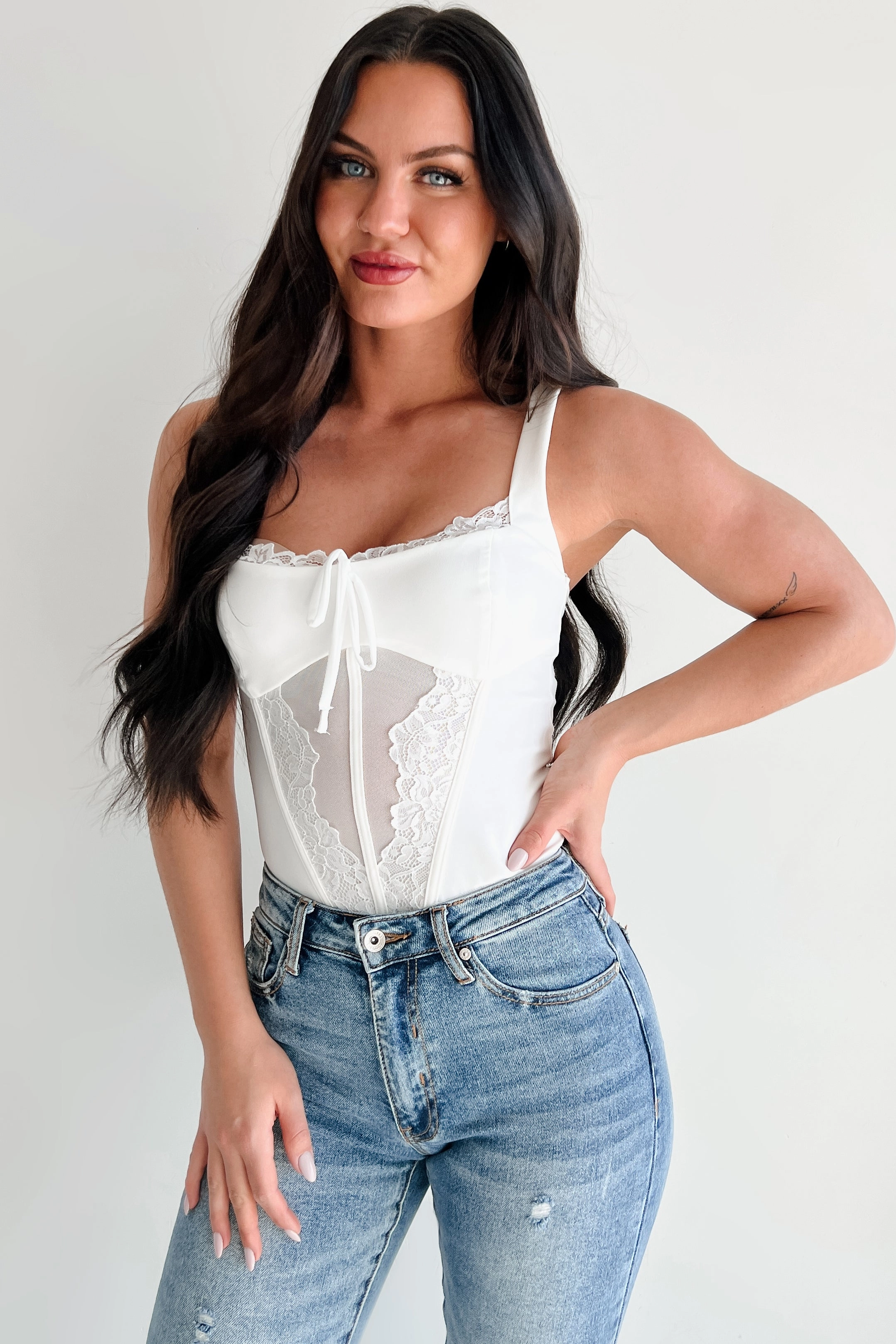 Totally Hooked Sleeveless Lace Bodysuit (White) FrictionResistant Edges