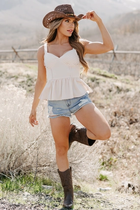 Winning Mindset Pleated Satin Peplum Top (Cream) Tagless Comfort