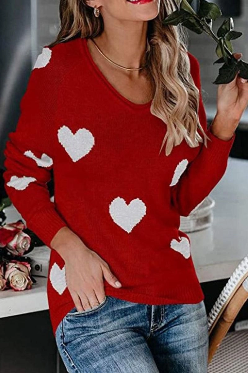 WOMEN HEART PRINTING LOOSE FIT KNIT SWEATER Organic Cotton Fiber Adjustable Cuffs