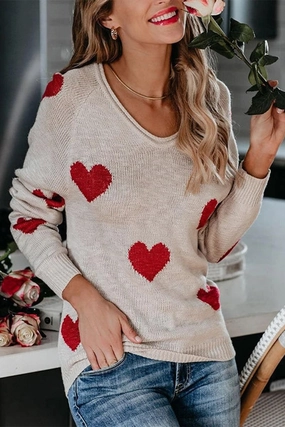 Button Down Collar MultiLayer Stitching WOMEN HEART PRINTING LOOSE FIT KNIT SWEATER