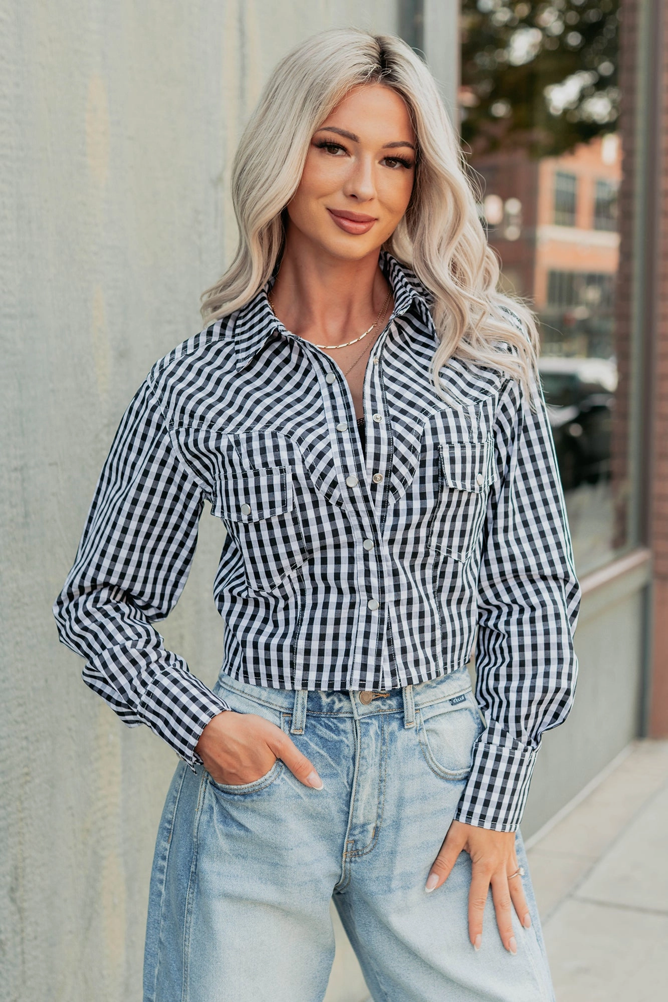 Morning Markets Signature 8 Gingham Crop Shirt (Black) Raw Edge Finish