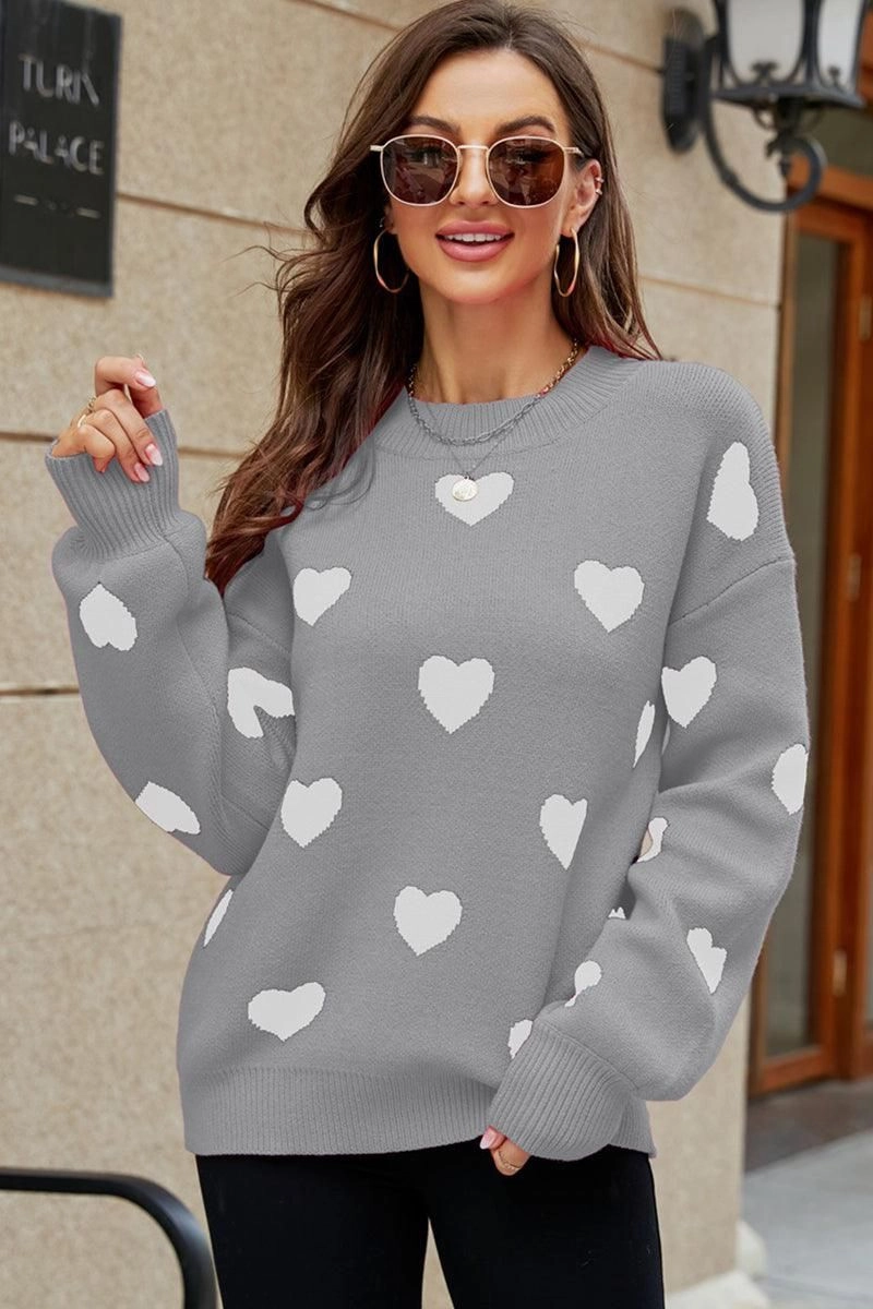 WOMEN HEART PRINTING CUTE PULL OVER SWEATER Mesh Panel Details