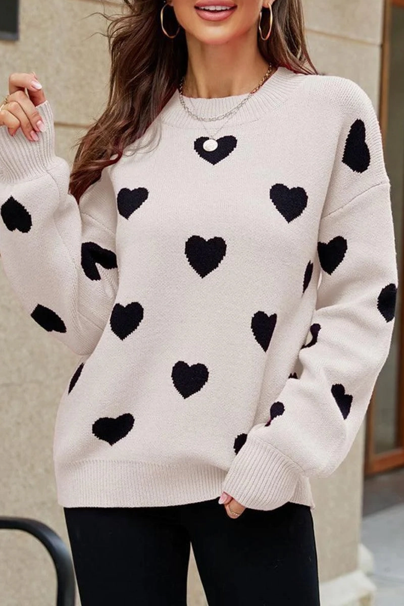 WOMEN HEART PRINTING CUTE PULL OVER SWEATER DoubleStitched Hemming