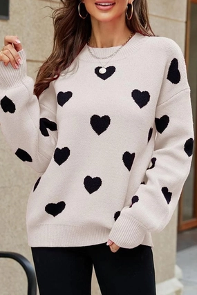 WOMEN HEART PRINTING CUTE PULL OVER SWEATER GarmentWashed Softness Resilient Elasticity