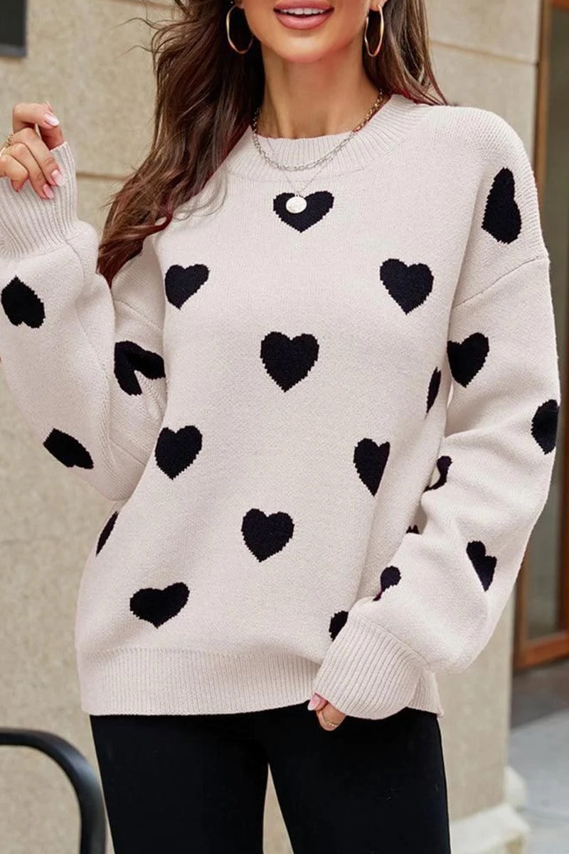 WOMEN HEART PRINTING CUTE PULL OVER SWEATER GarmentWashed Softness Resilient Elasticity