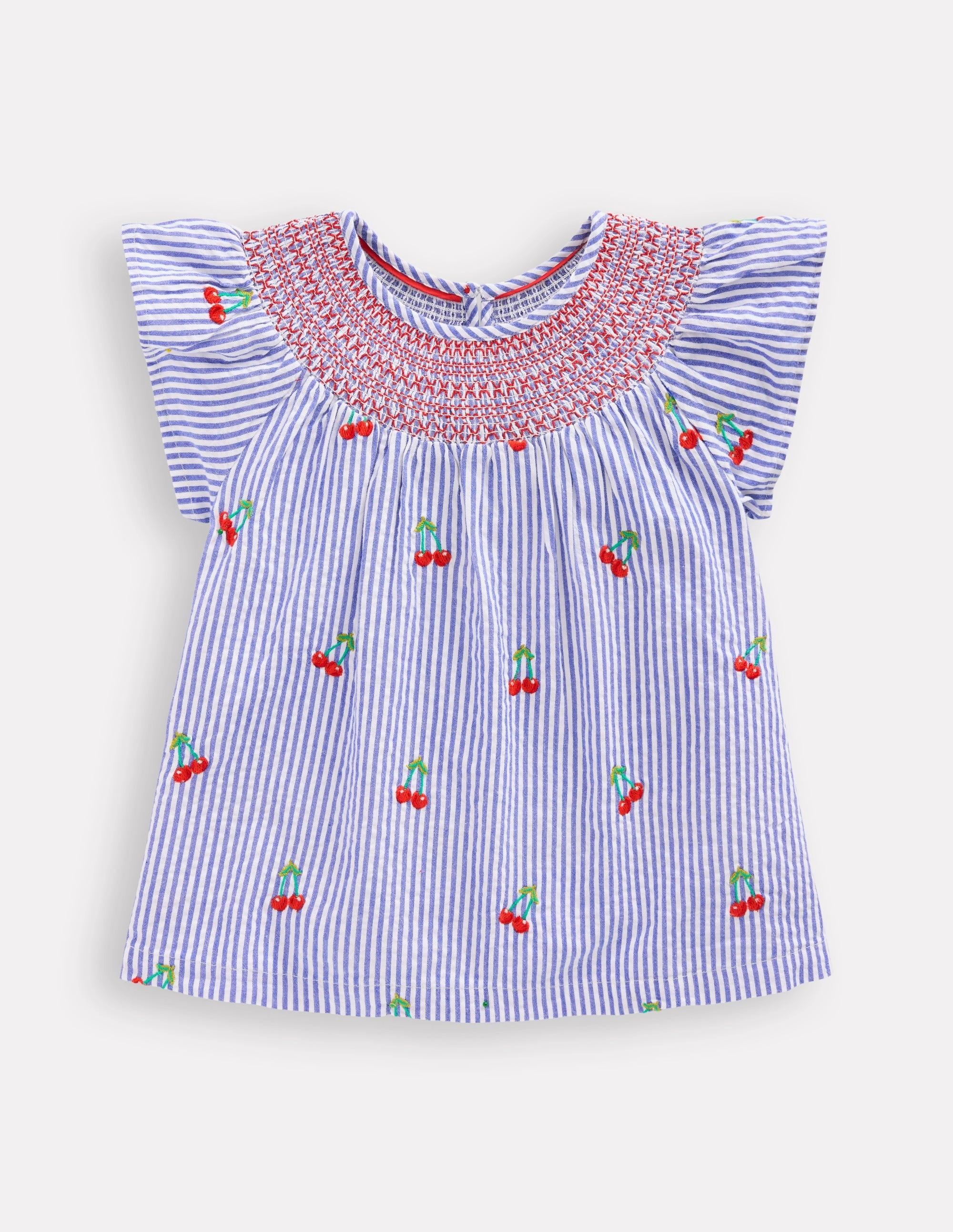 Durable Hem Stitching Softened Edges Woven Smocked Top-Blue Ticking Cherries