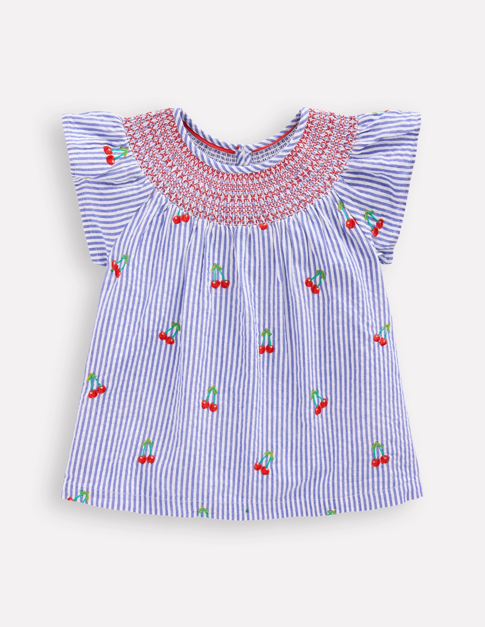 Woven Smocked Top-Blue Ticking Cherries ButterySoftTextile Anti Static Fabric