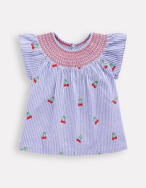 Woven Smocked Top-Blue Ticking Cherries ButterySoftTextile Anti Static Fabric