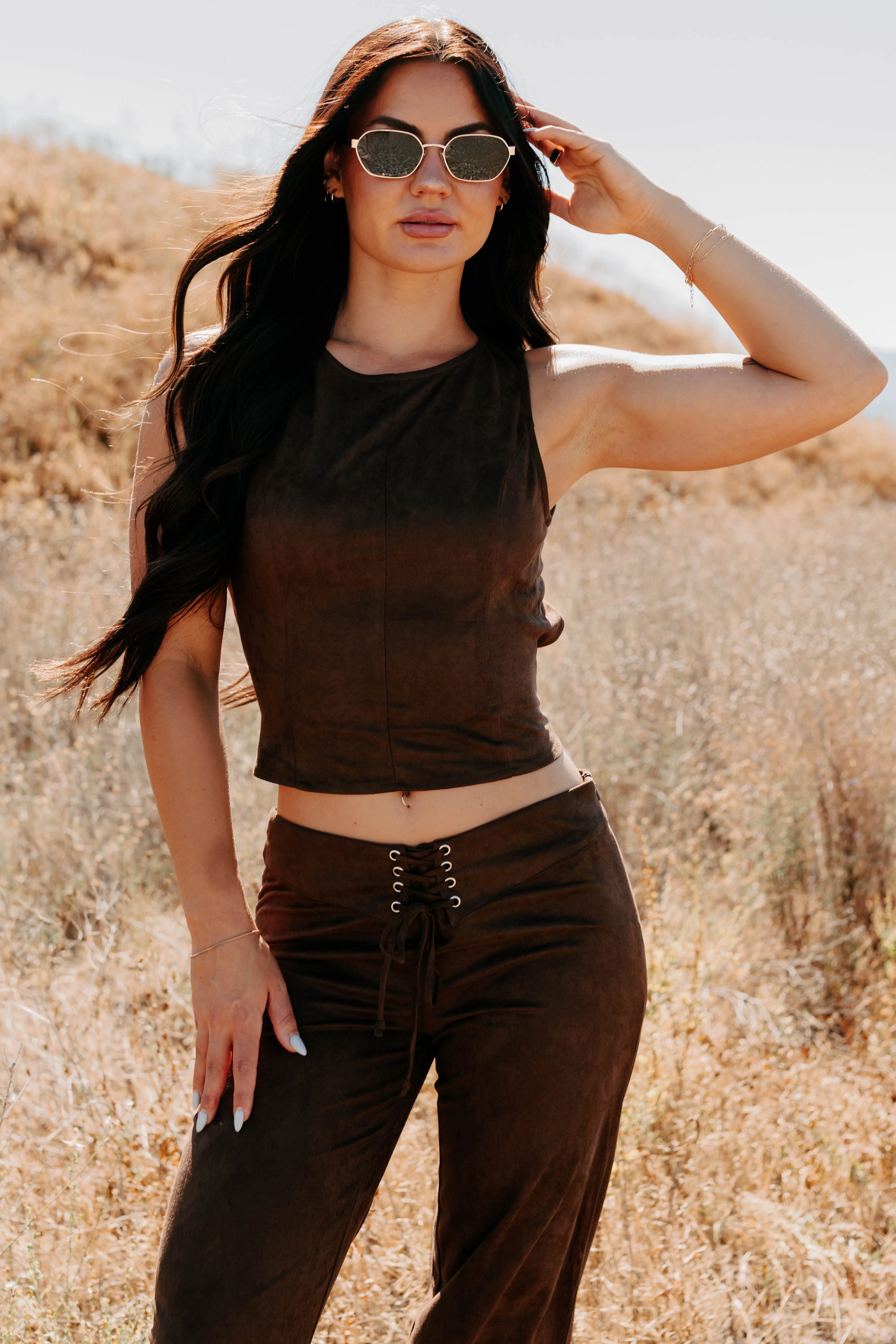 Non Iron Fabric Add To Lore Open Back Lace-Up Suede Top (Brown)