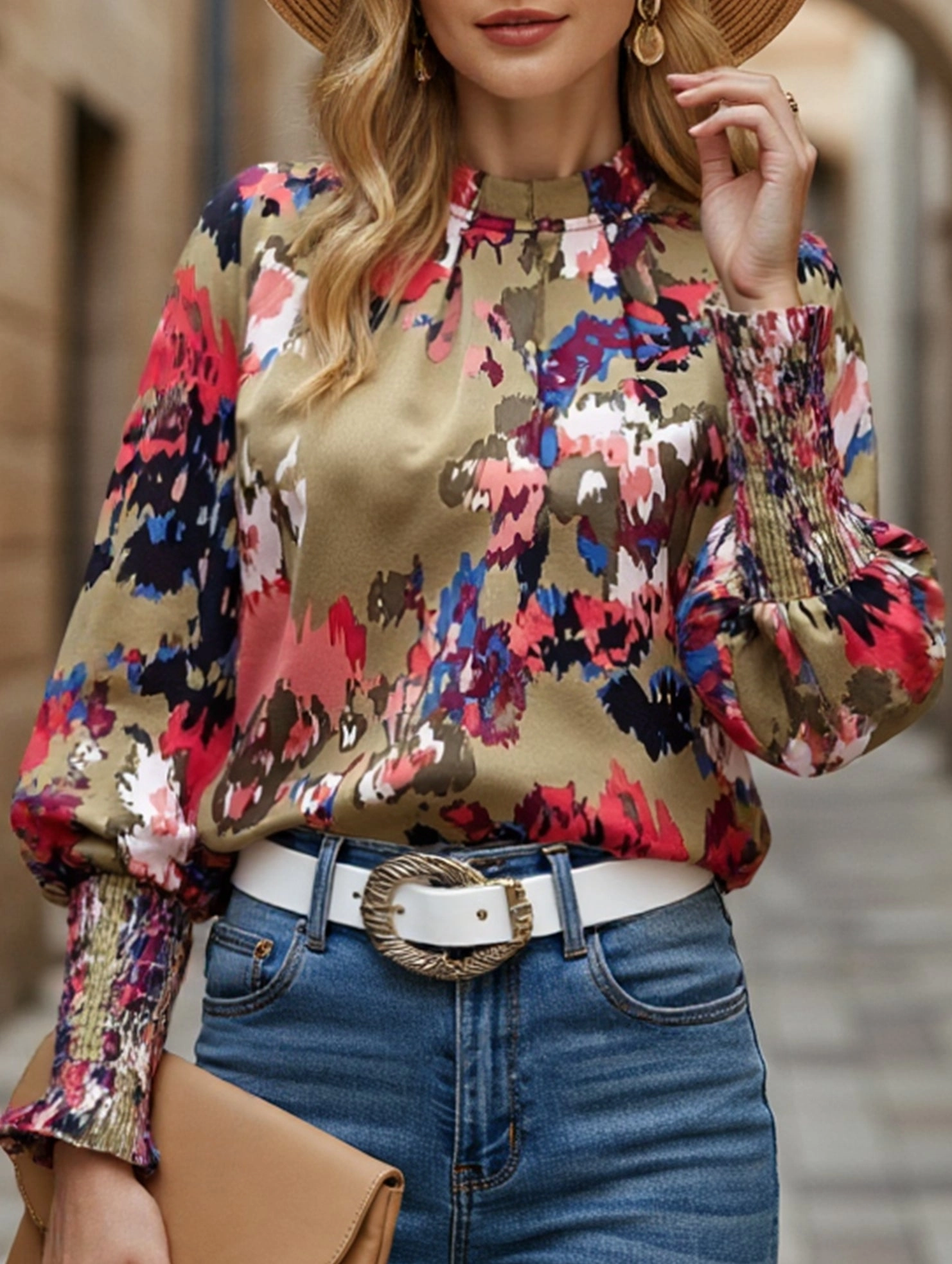 WOMEN FITTED SMOCK CUFF MARBLE PRINTING BLOUSE ConvertibleCollar Comfy Cardigan