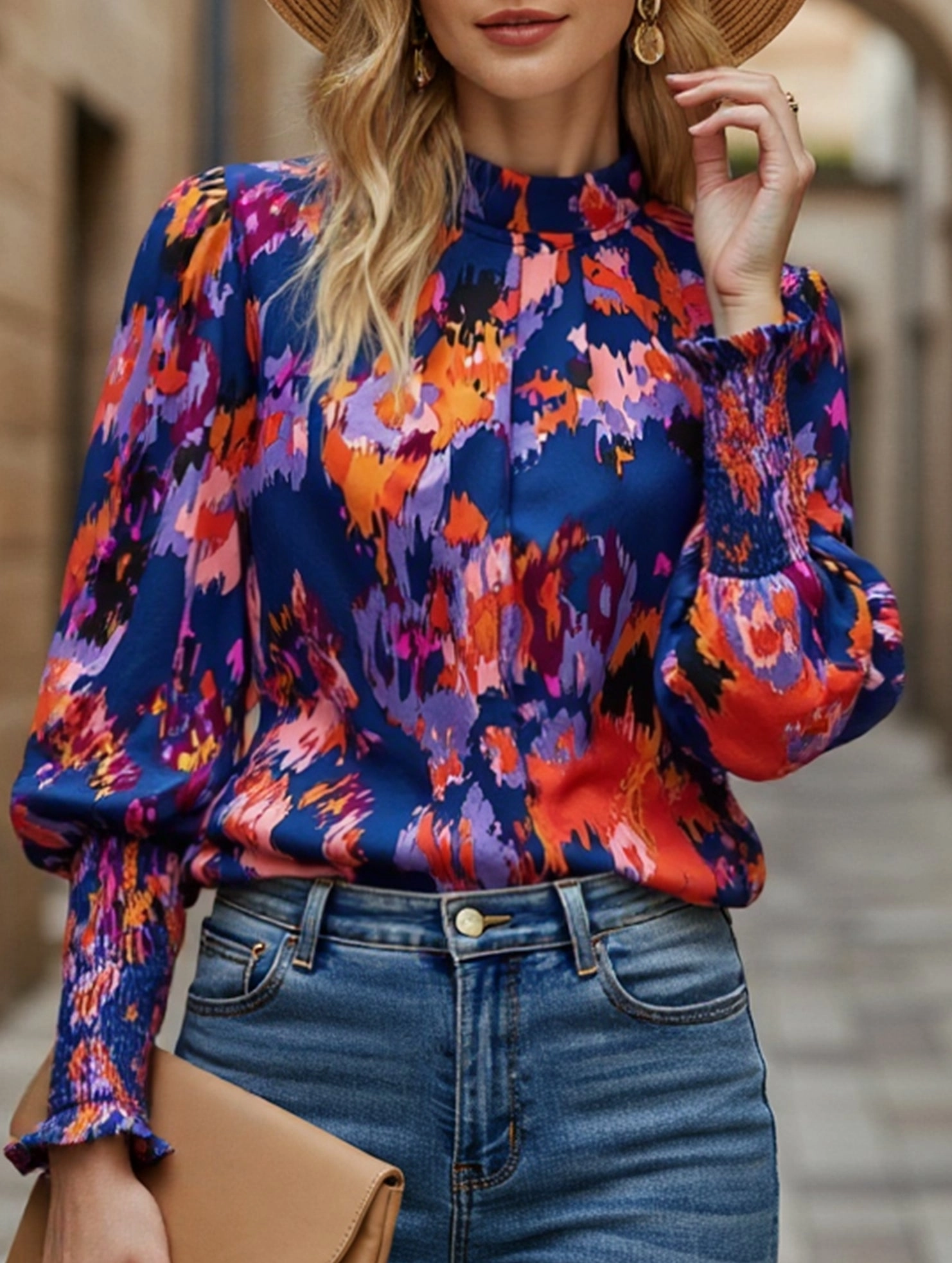 WOMEN FITTED SMOCK CUFF MARBLE PRINTING BLOUSE Reinforced Shoulders