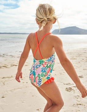 High Coverage Back Panels Machine wash Pretty Cross-Back Swimsuit-Multi Coral Cove