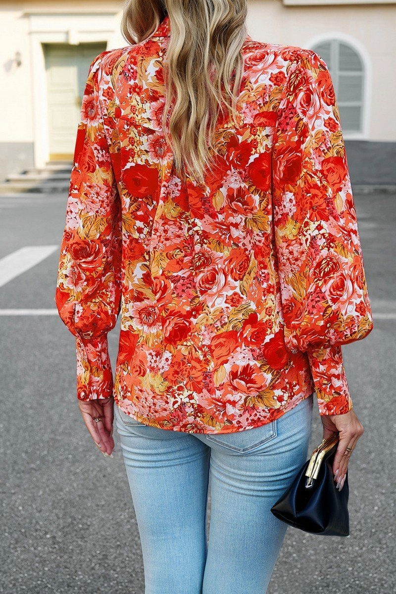FLORAL PRINTING BUTTON UP FITTED CUFF BLOUSE FadeResistant Dye