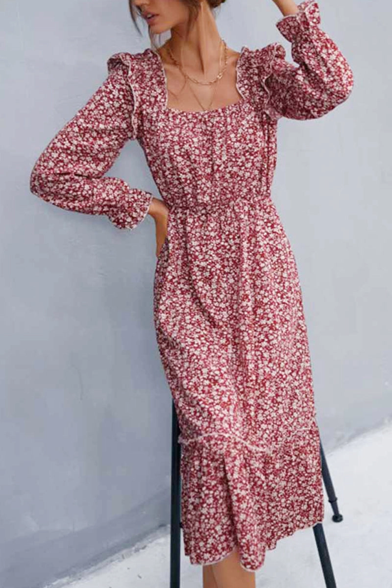 Retro Mood Evening Look FLORAL SQUARE NECK FRILL SHOULDER DRESS