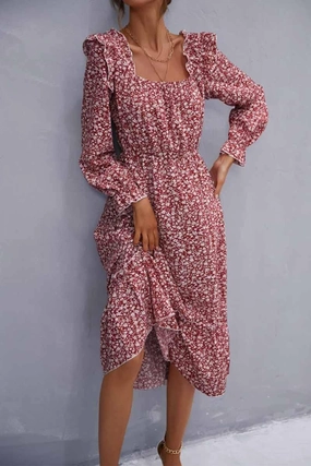 FLORAL SQUARE NECK FRILL SHOULDER DRESS All Layer Raw-Hem