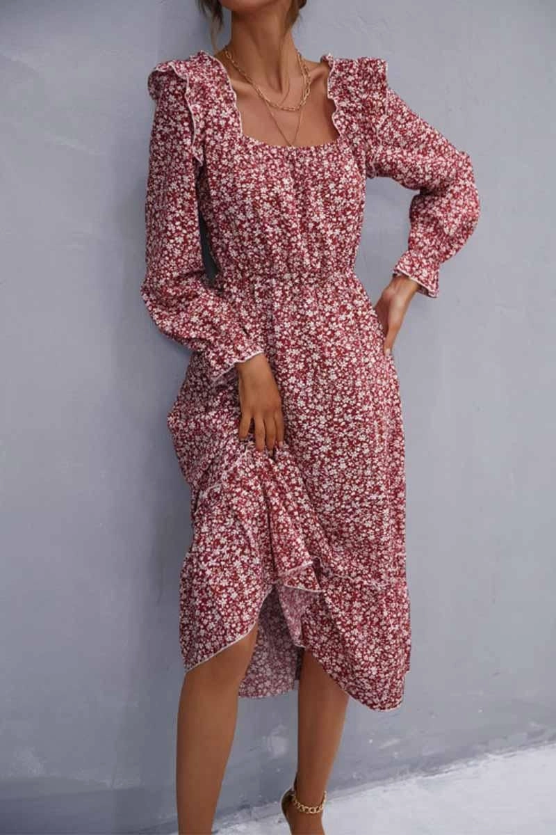 FLORAL SQUARE NECK FRILL SHOULDER DRESS All Layer Raw-Hem