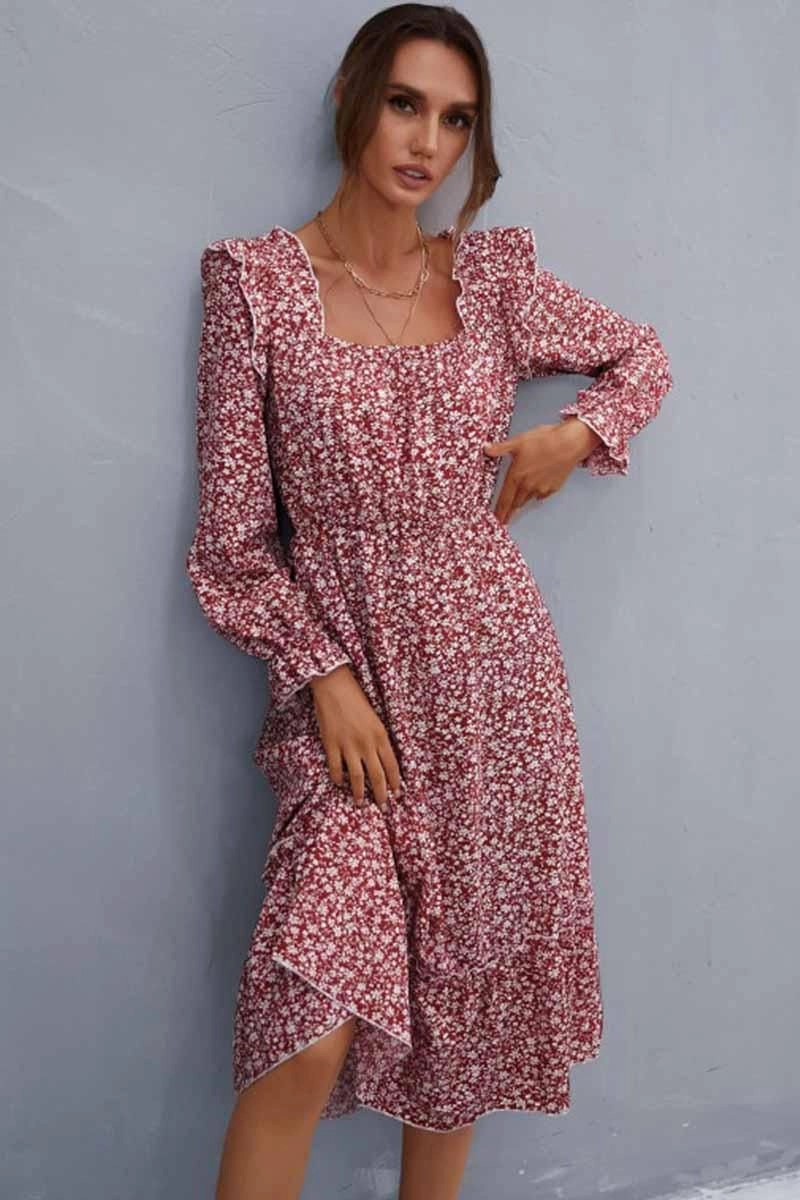 FLORAL SQUARE NECK FRILL SHOULDER DRESS Radiant Mood