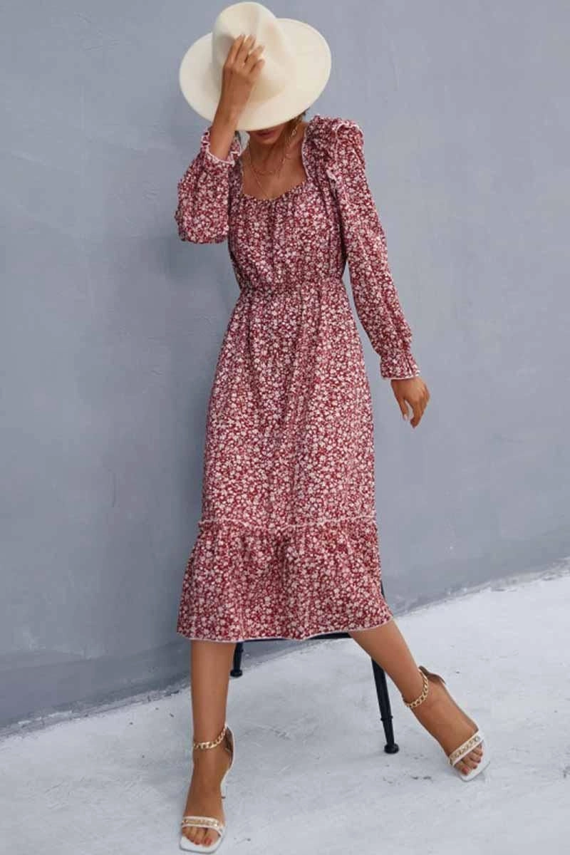 Subtle Look FLORAL SQUARE NECK FRILL SHOULDER DRESS