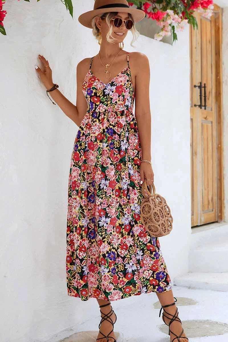 FLORAL V NECK SPAGHETTI STRAP SLIT DRESS Linen Soft Practical work-to-play piece