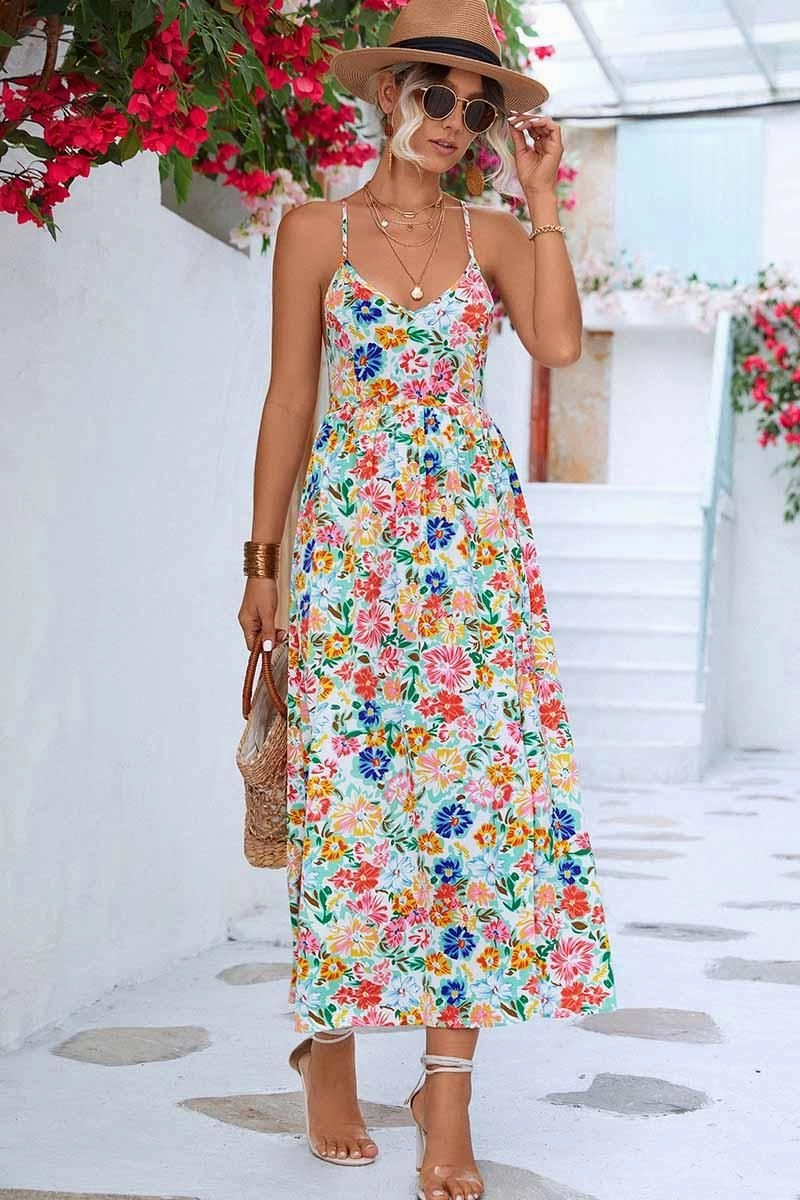 FLORAL V NECK SPAGHETTI STRAP SLIT DRESS Satin Touch