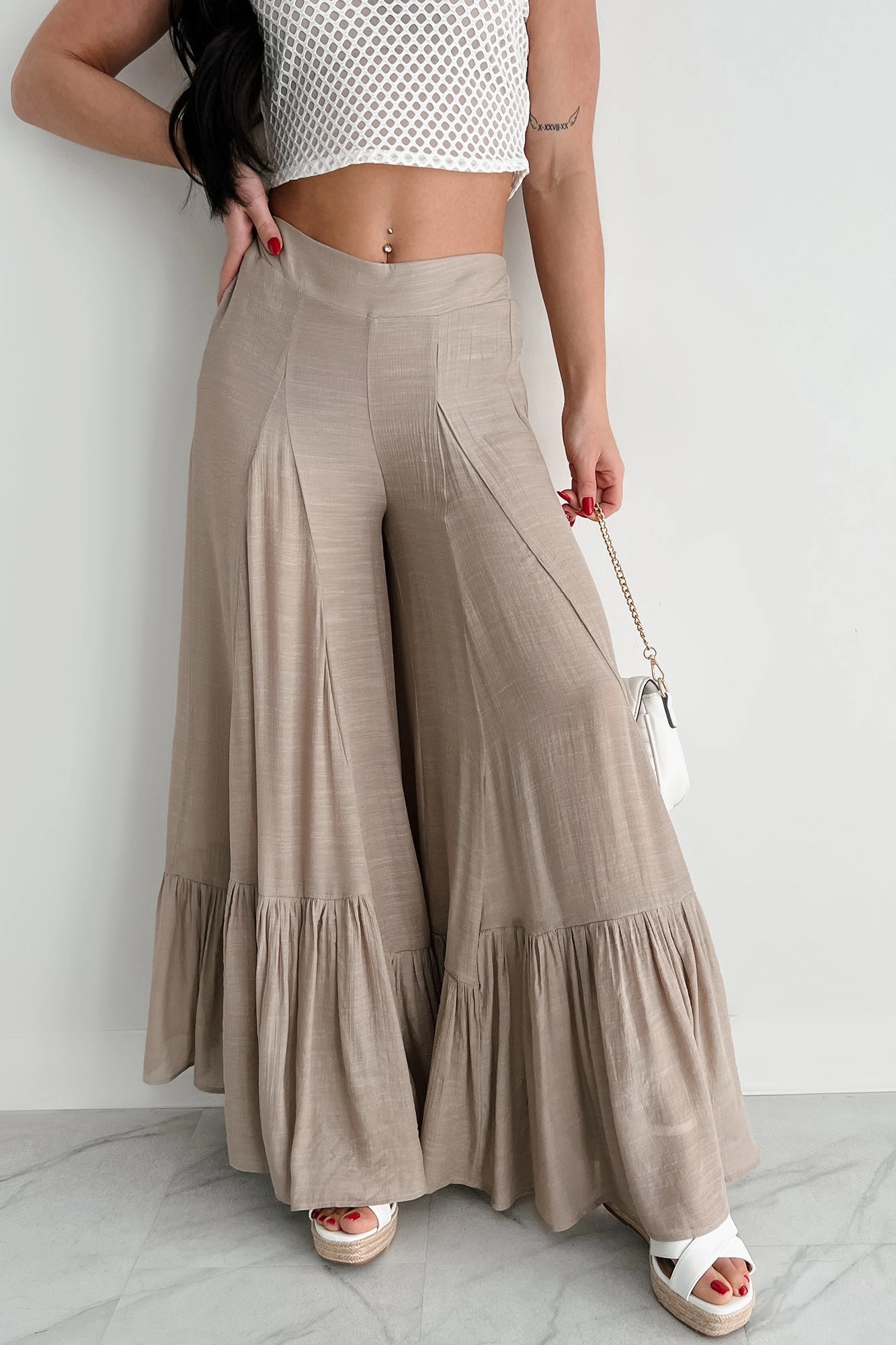 Core Fit Flower Crown Vibes Sheer Ruffle Wide Leg Pants (Taupe)