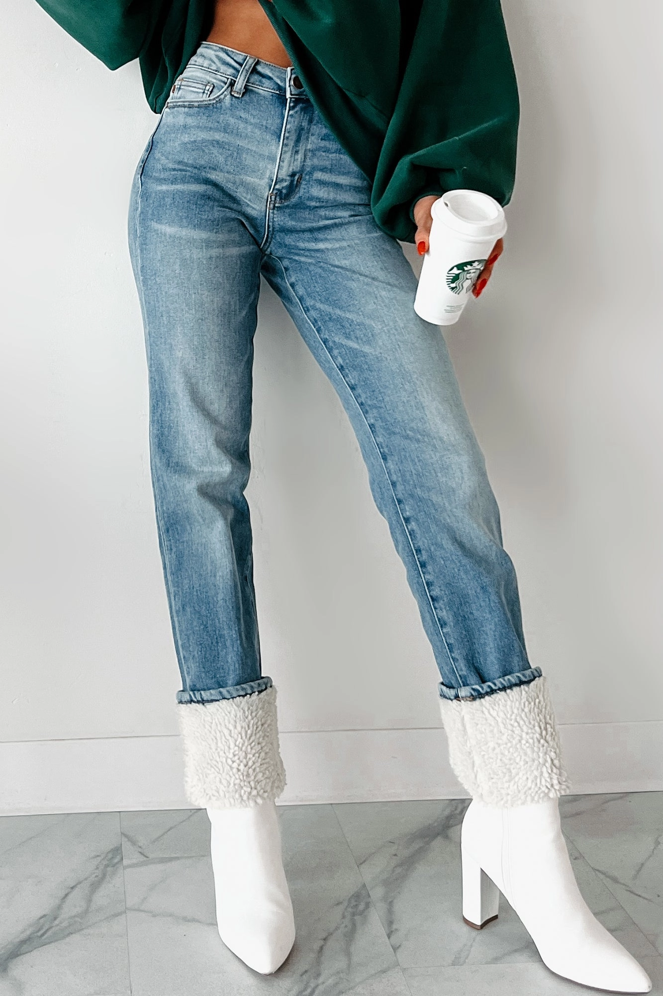 Recycled Polyester Stretch Layer Fit Jeffrey Shearling Cuff Judy Blue Straight Leg Jeans (Medium)