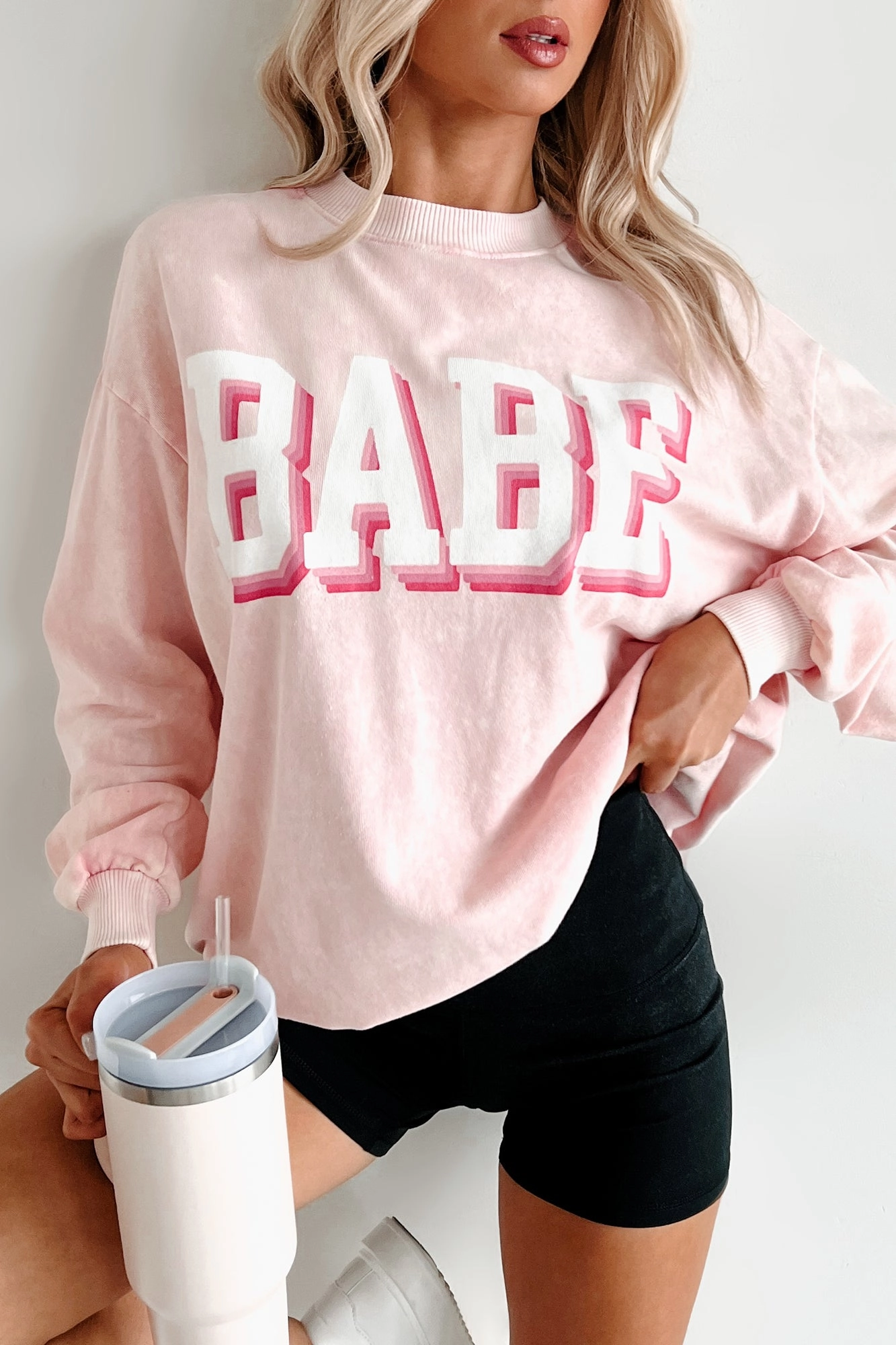 "Babe" Acid Wash Graphic Sweatshirt (Washed Pink) Reinforced Seam Technique FourWay Stretch