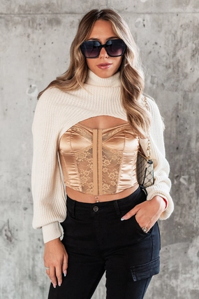 Forever A City Girl Turtleneck Shrug Top (Cream) WideNeckline VentilatedBackPanel