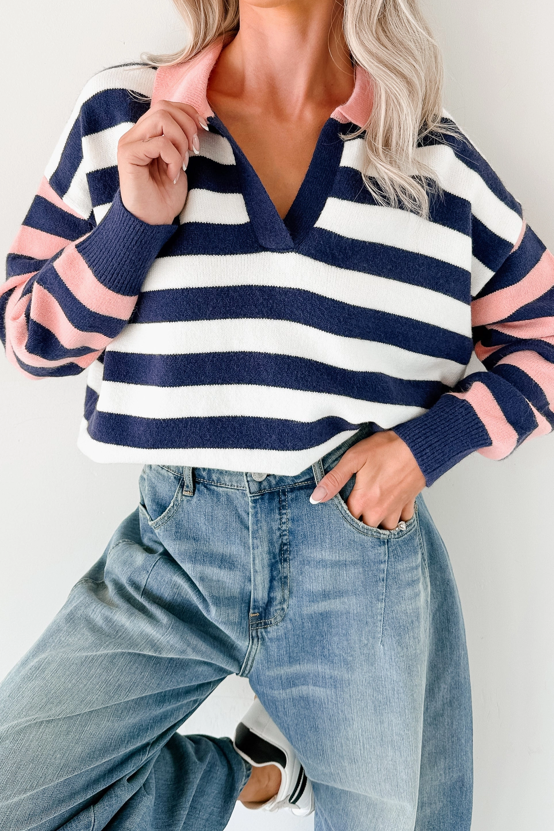 TailoredCut Comfy Layer Forward Flow Striped Knit Sweater (Navy/Multi)