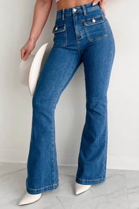 Essential Wearable Foster Special A High Rise Tummy Control Patch Pocket Flare Jeans (Medium Dark)