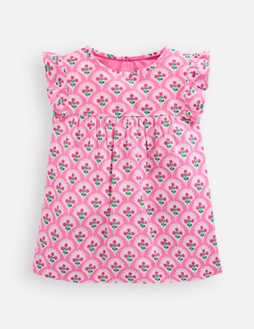 TailoredCut Frill Sleeve Woven Top-Pink Rose Woodblock Floral