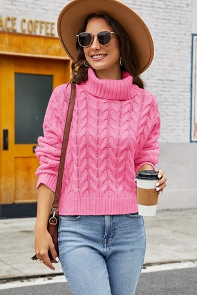 Lightweight Blouse Stretchable Waistband WOMEN TWIST CHUNKY CABLE KNIT TURTLE NECK SWEATER