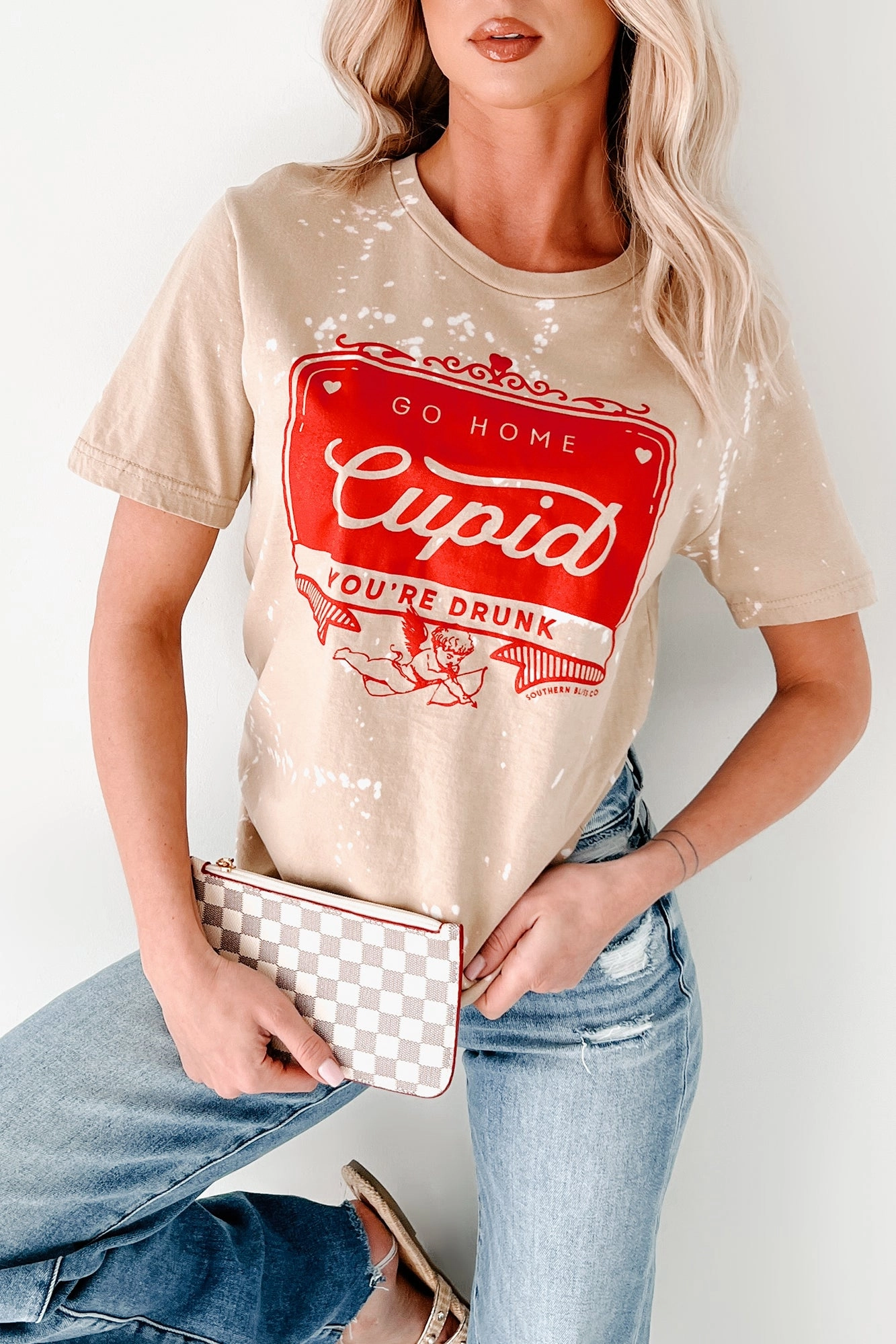 Fashionable Fit "Go Home Cupid You're Drunk" Graphic T-Shirt (Tan Bleached)