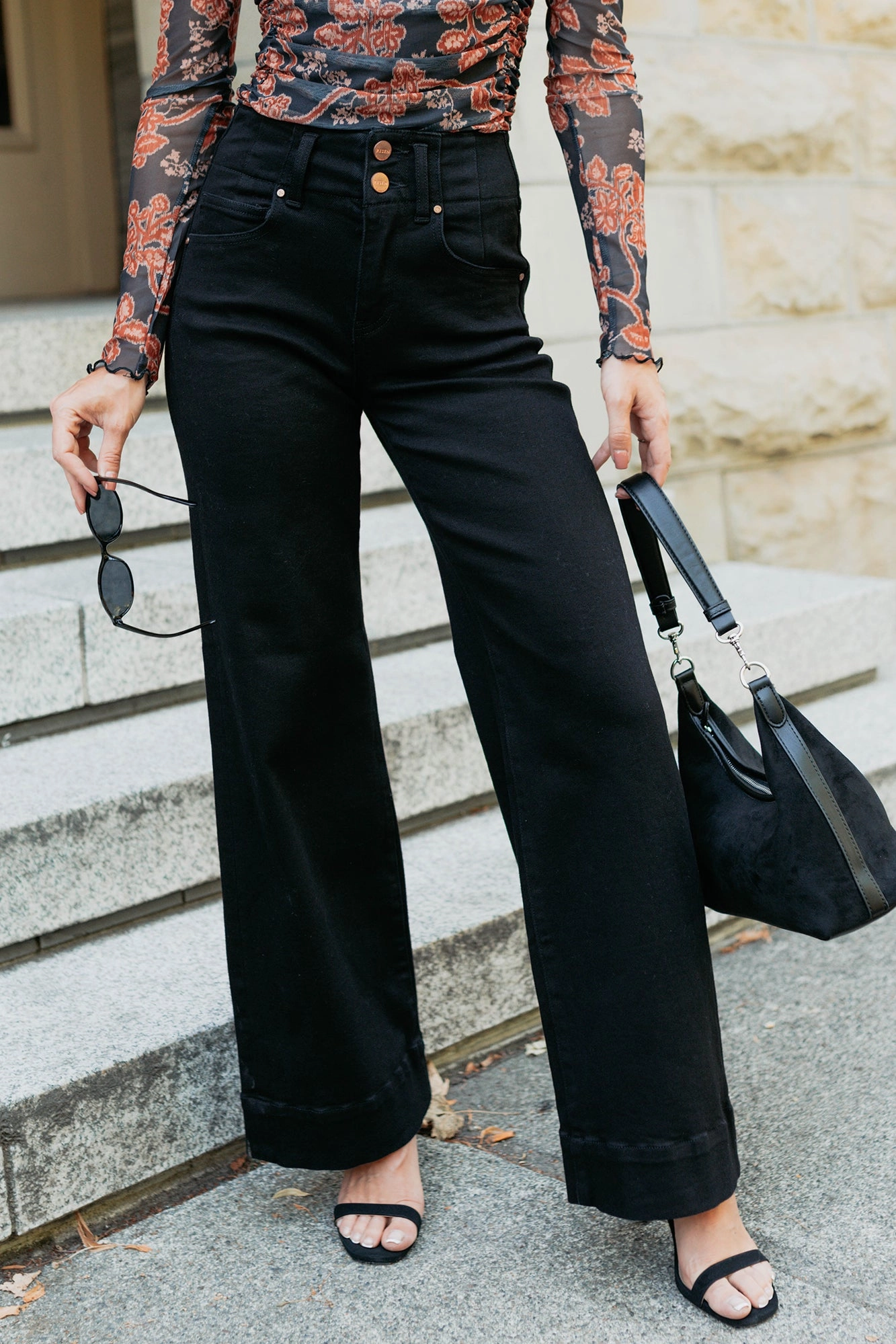 Chic Design Wear Commuter Fit Frederick High Rise Wide Leg Risen Jeans (Black)