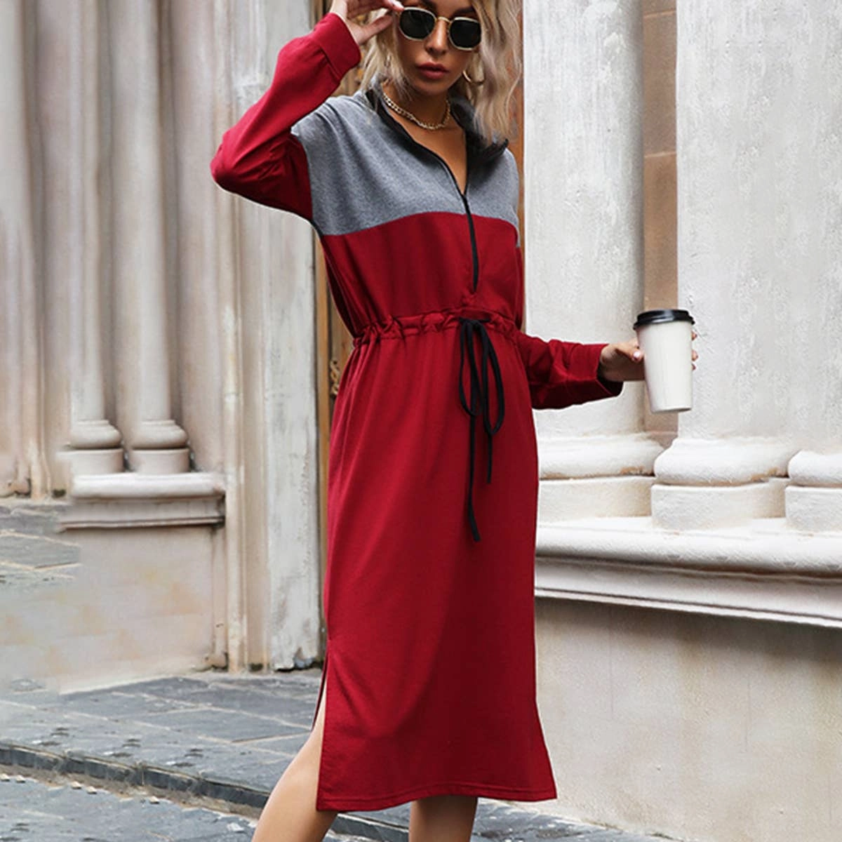 CASUAL COLOR CONTRAST SPLIT HOODIE DRESS_CWDSD4338 Sunset Scene