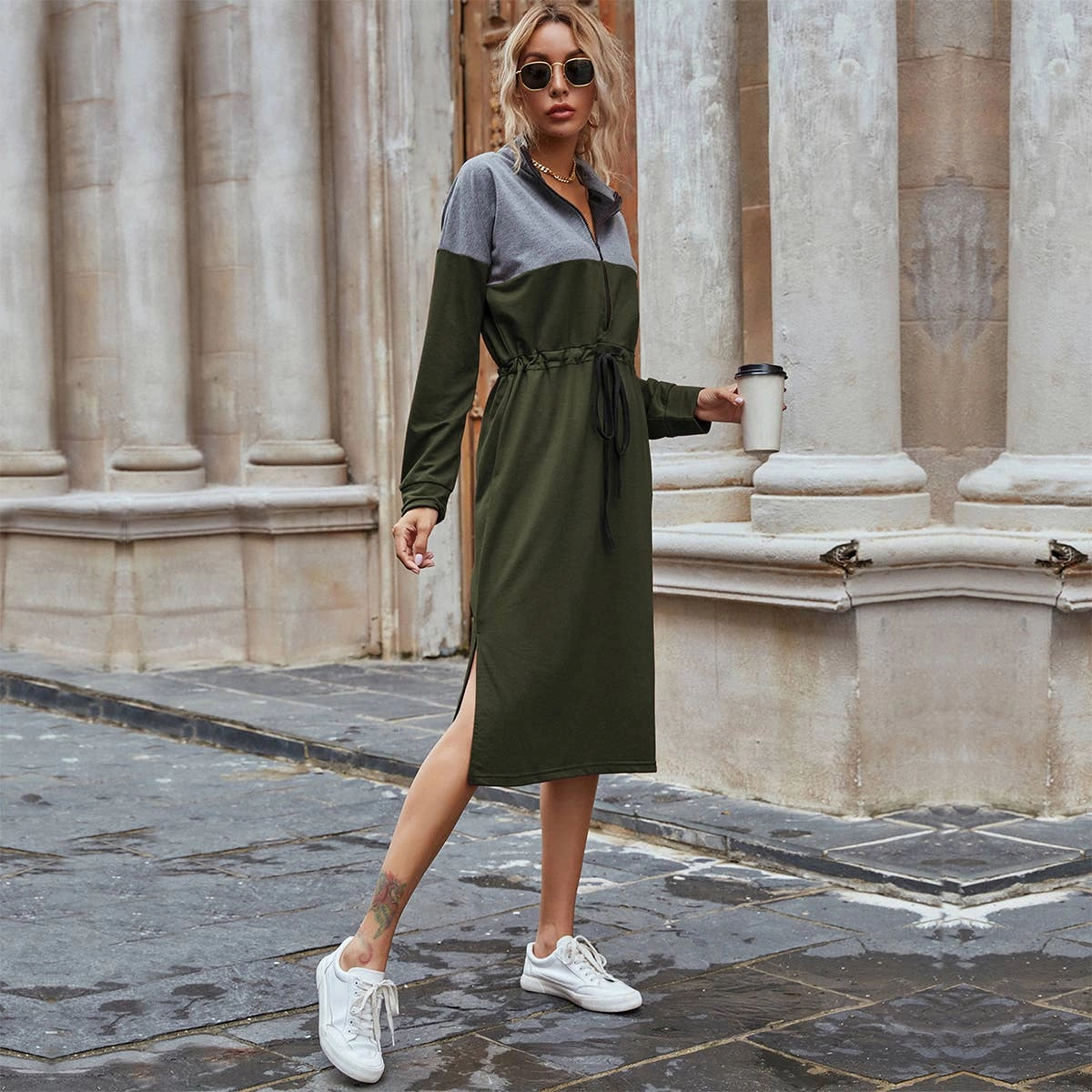 Flattering Fit for All CASUAL COLOR CONTRAST SPLIT HOODIE DRESS_CWDSD4338